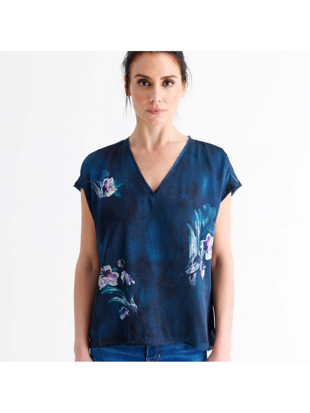 Gosilk by Gosilk Silk Floral V-Neck Top XS Navy Blue